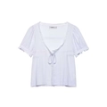 French style white short sleeve blouse with lace trim and elegant V-neck tie closure - XS / Light Blue
