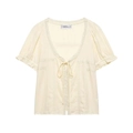 Short sleeve V-neck top for women with delicate lace trim and front tie closure - XS / Light Yellow