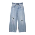Women light blue wide leg jeans with double layer waist and distressed ripped details - XS / Light Blue