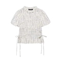 Women's black and white gingham short sleeve top with lace embroidery and drawstring waist - XS / Plaid Crop Top