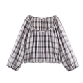 Minimalist black and white plaid puff sleeve blouse with elastic cuffs and hem - XS / Plaid