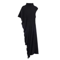 Elegant black asymmetric ruffled dress with high neck and one-shoulder sleeve design - XS / Black