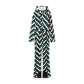 Women's waterproof chevron patterned one-piece ski suit with hood and waist belt - XS / Dark Green with Black and White Stripes