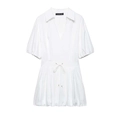 Robe d'été blanche élégante avec manches bouffantes et cordon de serrage réglable à la taille - XS / Blanc