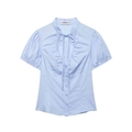 Light blue short sleeve poplin shirt with V-neck, ruffle trim, and bow tie detail - XS / Light Sky Blue