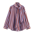 Detail of loose-fit striped shirt with vertical brown stripes and bow-tie neckline - XS / Brown Blue Stripe