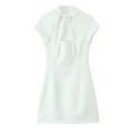 Close-up of white mini dress with halter neck, bow tie detail, and hollow-out chest cut - XS / White
