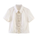 Short sleeve button shirt with ruffle trim and metal rivets in cream white finish - XS / White Top