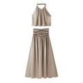 Elegant champagne satin two-piece set featuring a halter crop top and pleated maxi skirt - S / Light Khaki apparel