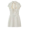 Detailed view of polka dot dress with high neck tie and teardrop cutout design - XS / White Polka Dot
