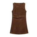 Brown faux suede sleeveless mini dress with round neck and pleated waist details - XS / Coffee