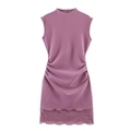 Slim fit sleeveless lace hem mini dress in dusty pink featuring a high neckline and ruching - S / Pink