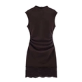 Slim fit sleeveless high neck dark dress with side ruching and delicate lace hem detail - S / Coffee