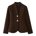 Elegante blazer in lana marrone scuro da donna con bottoni dorati e orlo arrotondato - S / Top Marrone Scuro