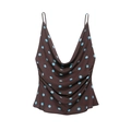 Bruine vintage camisole met blauwe polkadots, gedrapeerde hals en rimpeldetails - XS / Bruin Blauwe Polka Dot