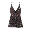 Mini abito retrò marrone a pois con scollo a cappuccio e dettaglio arricciato laterale - XS / Marrone Pois Blu