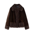 Dunkelbraune Samtjacke für Damen mit flauschigem Kunstpelzbesatz an Kragen und Ärmeln - S / Dunkelbraun