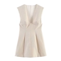 Schickes beige ärmelloses Mini-Kleid mit V-Ausschnitt, Rippenstruktur und Reißverschluss - XS / Gebrochenes Weiß