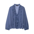 Elegant grey-blue chiffon blouse with layered ruffles and pleated metallic finish - XS / Blue