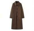 Detailed view of single-breasted long brown coat with high-quality lapels and pockets - XS / Dark Coffee