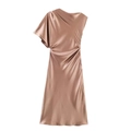 Elegantes Midi-Satinkleid in Roségold mit asymmetrischem Ärmel und Faltenwurf - XS / Champagner