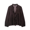Elegant chocolate brown chiffon blouse with tiered ruffles and V-neckline for women - XS / Coffee