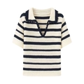 Women's V-neck striped knit polo shirt with short sleeves in beige and navy stripes - S / As Shown