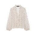 Detail of ruffled V-neck and brown polka dots on elegant long sleeve chiffon blouse - Printing