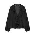Detail of black chiffon V-neck blouse featuring layered ruffles and elastic cuffs - XS / Black