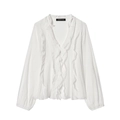 Detail view of white chiffon shirt featuring elegant layered ruffles and deep V-neckline - XS / White