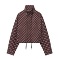 Giacca da donna marrone a pois con collo alto e orlo regolabile con coulisse - XS / Marrone Scuro