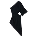 Black one-shoulder lace dress with cutout waist and asymmetrical hem on white background - S / Black