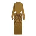 Sleek olive green long-sleeve maxi dress featuring waist cut-outs and ruched detailing - S / Mustard Yellow
