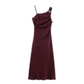 Elegantes weinrotes Satin-Midikleid mit asymmetrischem Hals und goldener Schnalle - XS / Dunkelrot