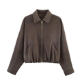 Detalle de la chaqueta de pana marrón oscuro con cremallera metálica y dobladillo elástico - S / café