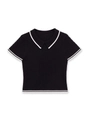 Detail of black cable knit Polo shirt featuring white contrast stripes on collar and cuffs - S / Black