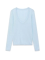 Detailed close-up of light blue slim-fit knit sweater with a deep U-neckline - S / Blue