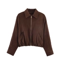 Detalle de chaqueta de pana marrón moka con cremallera frontal y cuello tipo solapa - S / Marrón Oscuro