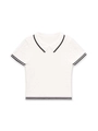 Detail of cable-knit texture and black contrast trim on white short-sleeve polo shirt - S / White