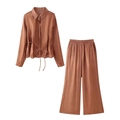 Satin two-piece set with long-sleeve drawstring shirt and high-waist wide-leg pants - XS / Caramel color