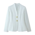Detail view of white tailored blazer showing V-neckline and gold embossed texture buttons - S / White Top