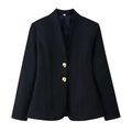 Detail of elegant black blazer with textured gold metal buttons and slim v-neck cut - S / Black Top