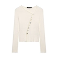 Gilet en maille côtelée asymétrique crème chic avec boutons perlés et manches longues - S / Blanc Cassé