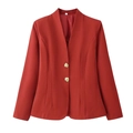 Detailed close-up of slim-fit red blazer featuring elegant gold buttons and V-neckline - S / Red Top