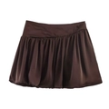 Elegant dark brown satin mini skirt with pleated design and stylish bubble hem - XS / Dark Brown