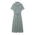 Short-sleeve green and white gingham shirt dress with waist tie and front pockets - XS / Green Plaid
