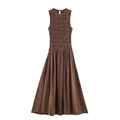 Brown sleeveless midi dress with smocked bodice and asymmetrical waistline details - XS / Brown