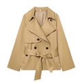 Korte kaki trenchcoat met dubbele rij knopen, tailleriem en brede revers voor dames - XS / Khaki