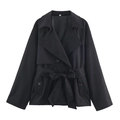 Dames korte zwarte trenchcoat met dubbele rij knopen en een taille-ceintuur - XS / Zwart
