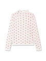 Close-up of semi-transparent white mesh fabric featuring red heart prints and mock neck - S / White